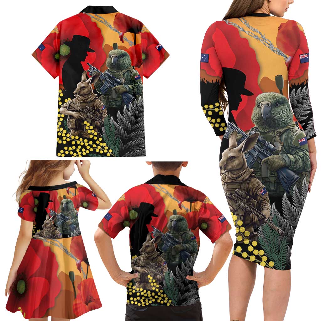 New Zealand and Australia ANZAC Day Family Matching Long Sleeve Bodycon Dress and Hawaiian Shirt Sliver Fern Kakapo With Golden Wattle Kangaroo LT14 - Polynesian Pride