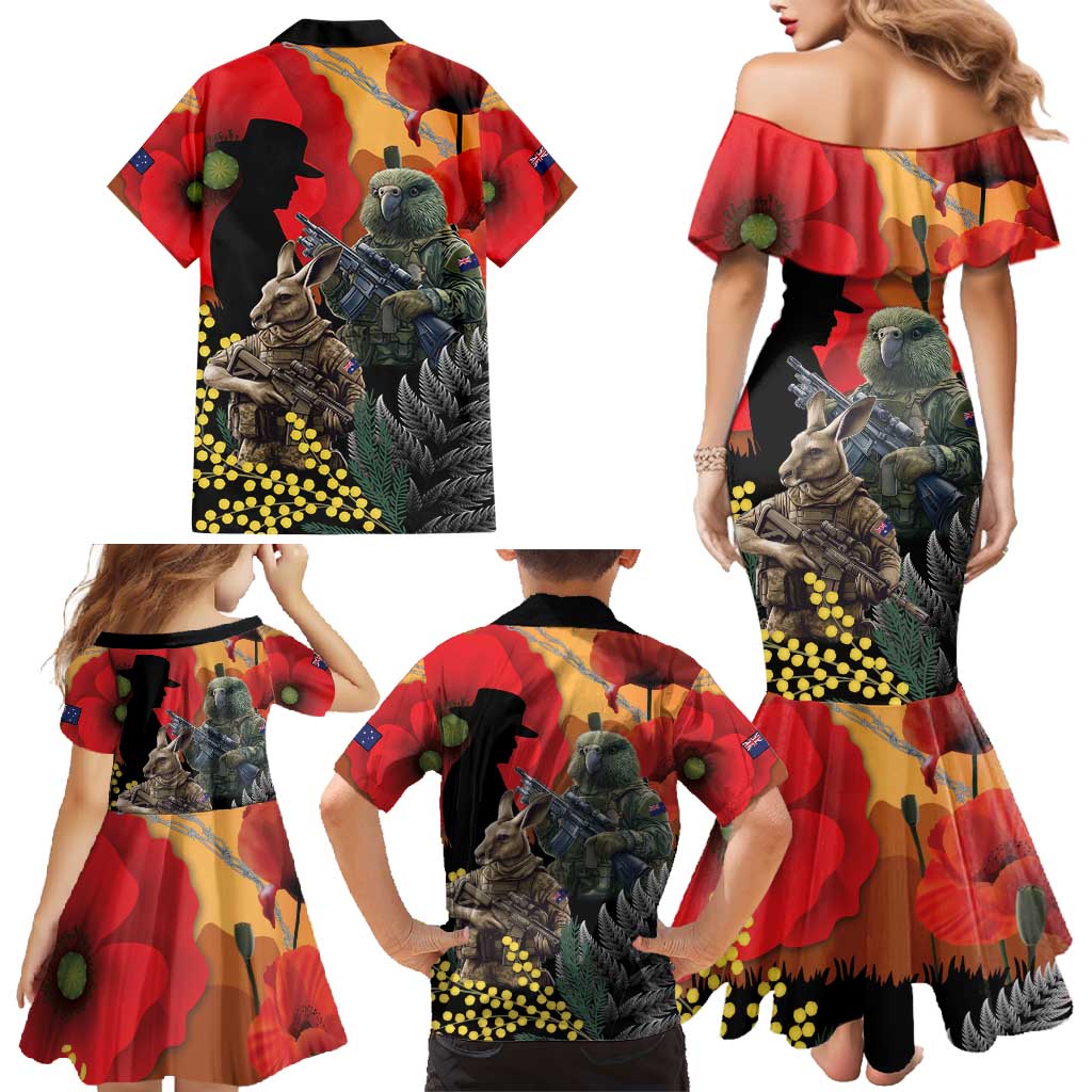 New Zealand and Australia ANZAC Day Family Matching Mermaid Dress and Hawaiian Shirt Sliver Fern Kakapo With Golden Wattle Kangaroo LT14 - Polynesian Pride