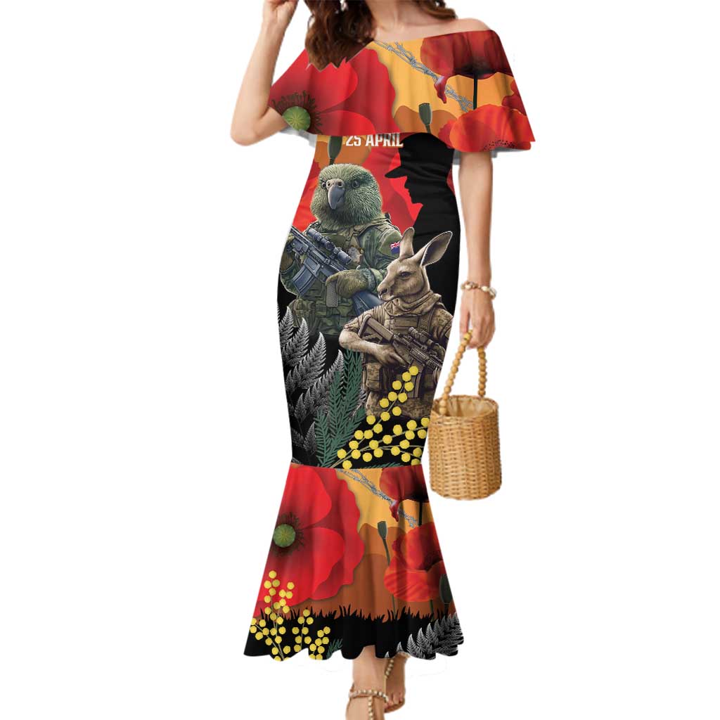 New Zealand and Australia ANZAC Day Family Matching Mermaid Dress and Hawaiian Shirt Sliver Fern Kakapo With Golden Wattle Kangaroo LT14 Mom's Dress Gold - Polynesian Pride