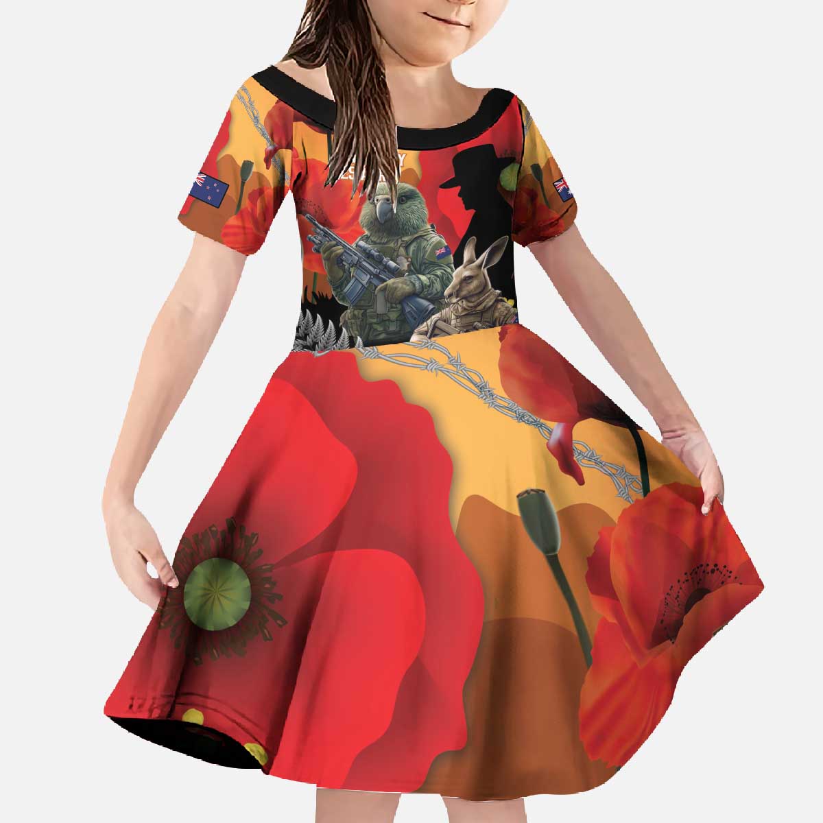 New Zealand and Australia ANZAC Day Family Matching Off The Shoulder Long Sleeve Dress and Hawaiian Shirt Sliver Fern Kakapo With Golden Wattle Kangaroo LT14 Daughter's Dress Gold - Polynesian Pride