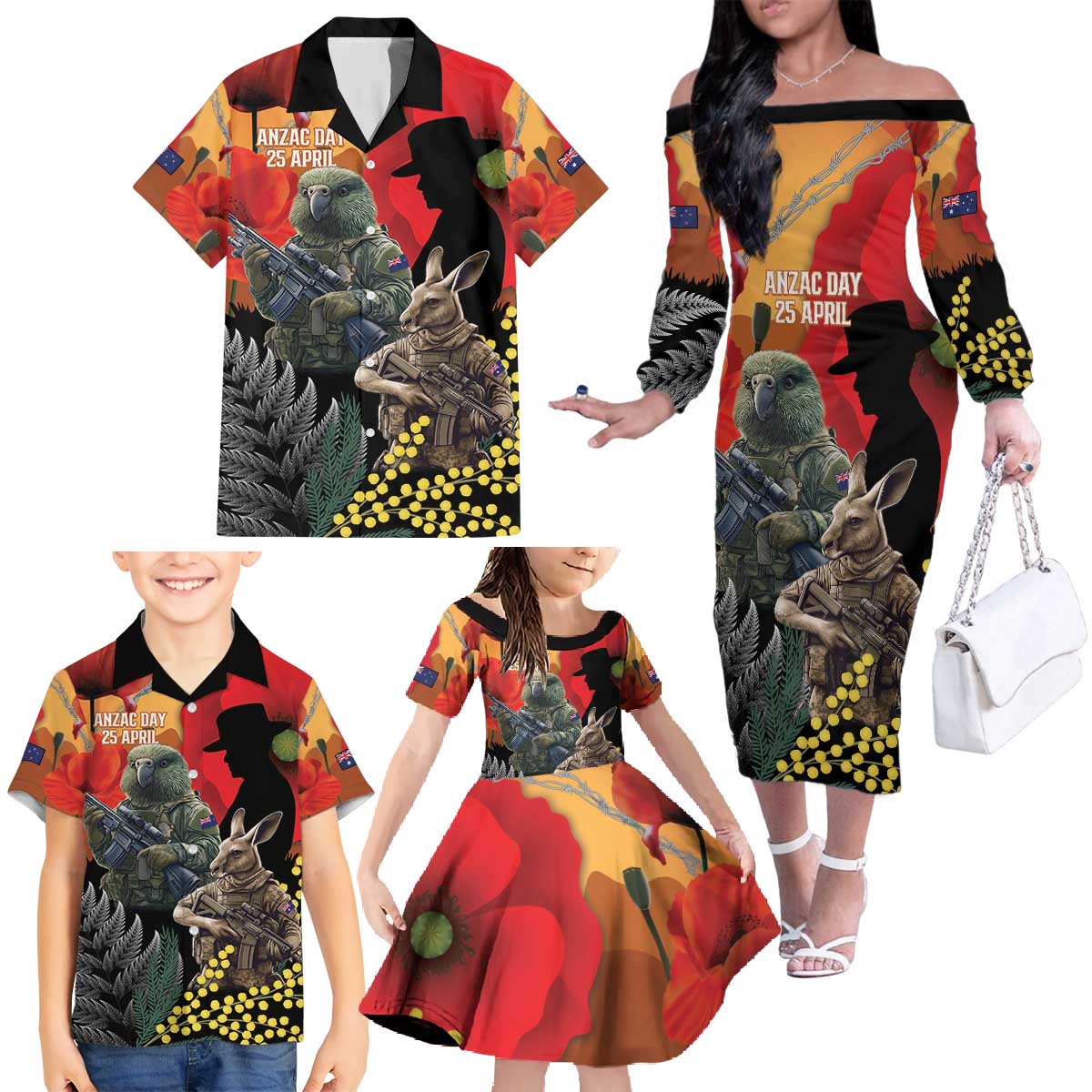 New Zealand and Australia ANZAC Day Family Matching Off The Shoulder Long Sleeve Dress and Hawaiian Shirt Sliver Fern Kakapo With Golden Wattle Kangaroo LT14 - Polynesian Pride