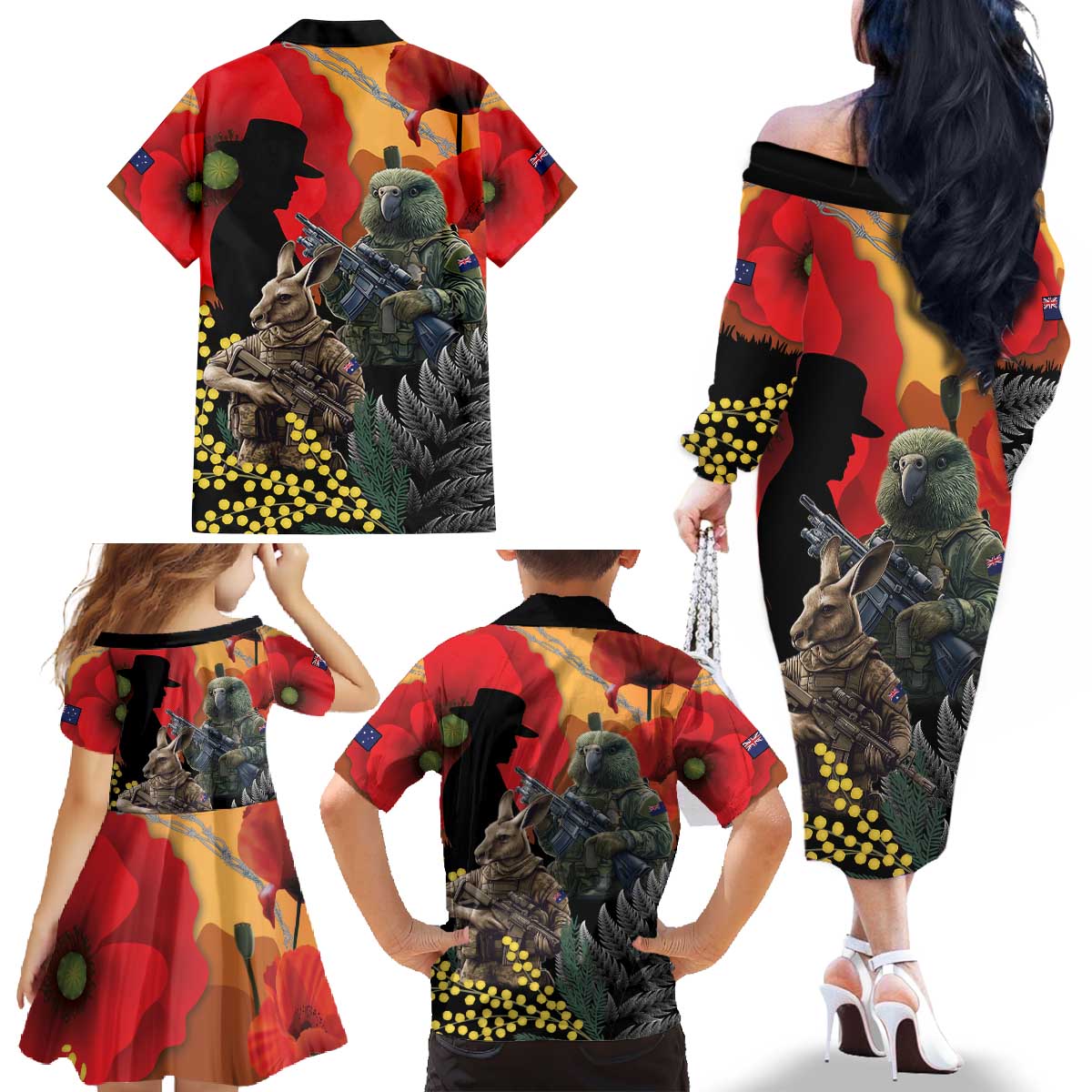 New Zealand and Australia ANZAC Day Family Matching Off The Shoulder Long Sleeve Dress and Hawaiian Shirt Sliver Fern Kakapo With Golden Wattle Kangaroo LT14 - Polynesian Pride