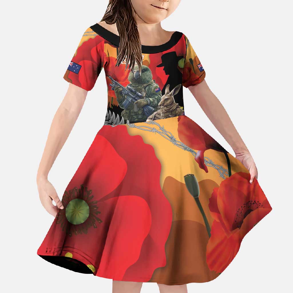 New Zealand and Australia ANZAC Day Family Matching Off Shoulder Maxi Dress and Hawaiian Shirt Sliver Fern Kakapo With Golden Wattle Kangaroo LT14 Daughter's Dress Gold - Polynesian Pride