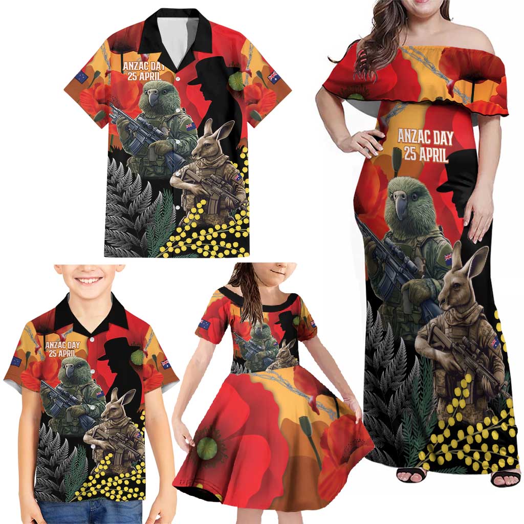 New Zealand and Australia ANZAC Day Family Matching Off Shoulder Maxi Dress and Hawaiian Shirt Sliver Fern Kakapo With Golden Wattle Kangaroo LT14 - Polynesian Pride