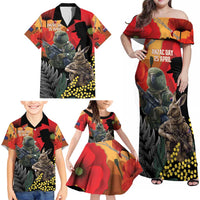 New Zealand and Australia ANZAC Day Family Matching Off Shoulder Maxi Dress and Hawaiian Shirt Sliver Fern Kakapo With Golden Wattle Kangaroo LT14 - Polynesian Pride