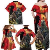New Zealand and Australia ANZAC Day Family Matching Off Shoulder Maxi Dress and Hawaiian Shirt Sliver Fern Kakapo With Golden Wattle Kangaroo LT14 - Polynesian Pride