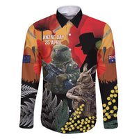 New Zealand and Australia ANZAC Day Family Matching Off Shoulder Maxi Dress and Hawaiian Shirt Sliver Fern Kakapo With Golden Wattle Kangaroo LT14 Dad's Shirt - Long Sleeve Gold - Polynesian Pride