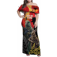 New Zealand and Australia ANZAC Day Family Matching Off Shoulder Maxi Dress and Hawaiian Shirt Sliver Fern Kakapo With Golden Wattle Kangaroo LT14 Mom's Dress Gold - Polynesian Pride