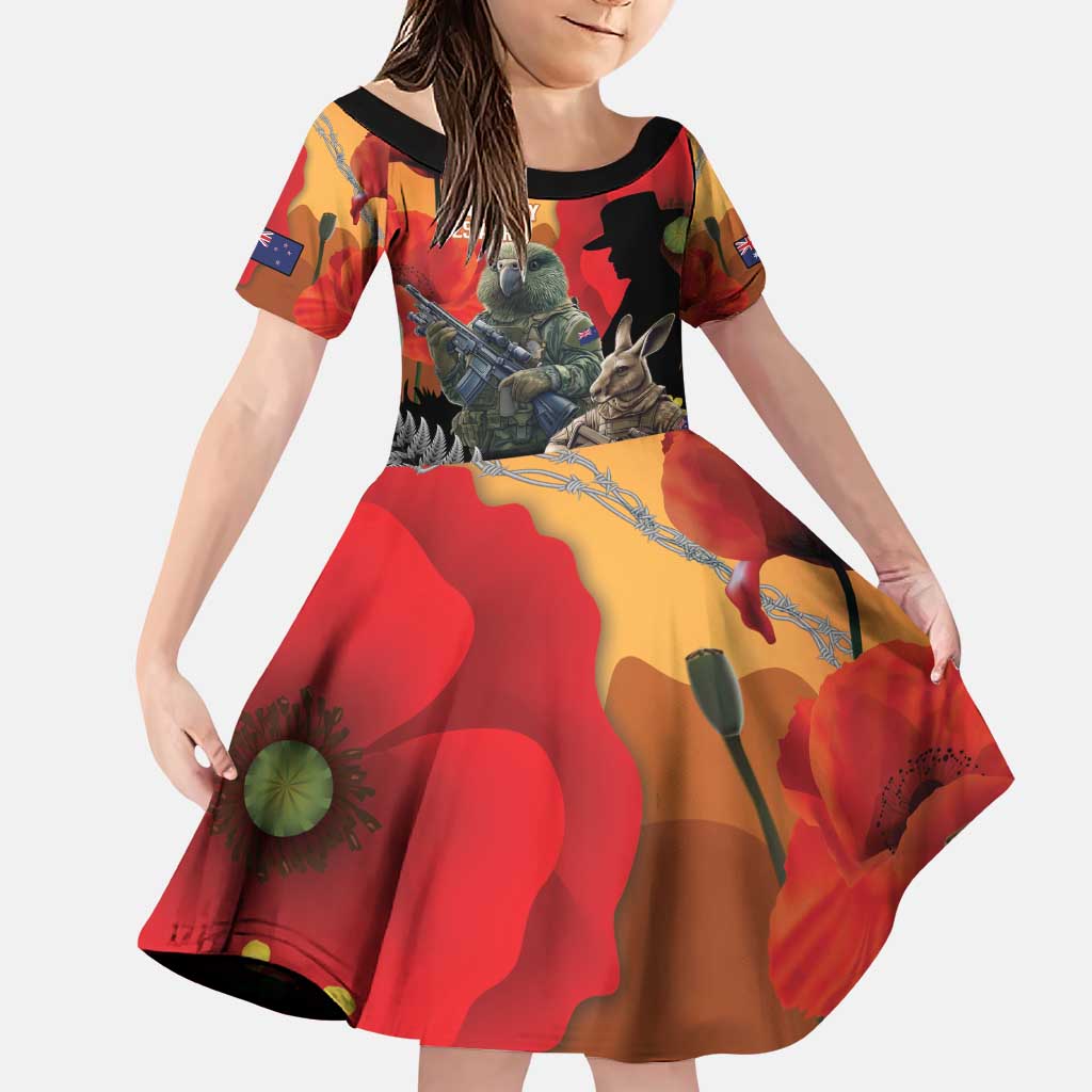New Zealand and Australia ANZAC Day Family Matching Puletasi and Hawaiian Shirt Sliver Fern Kakapo With Golden Wattle Kangaroo LT14 Daughter's Dress Gold - Polynesian Pride