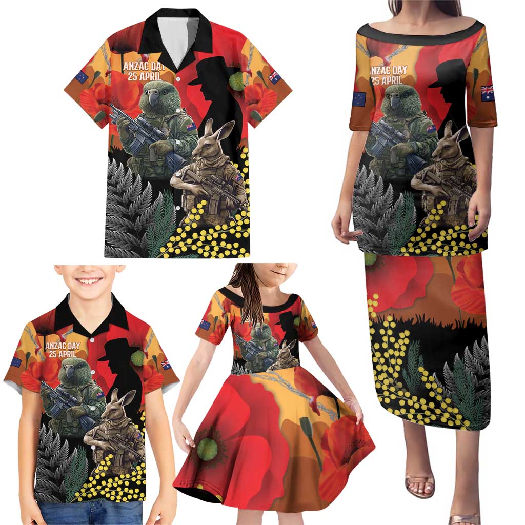 New Zealand and Australia ANZAC Day Family Matching Puletasi and Hawaiian Shirt Sliver Fern Kakapo With Golden Wattle Kangaroo LT14 - Polynesian Pride