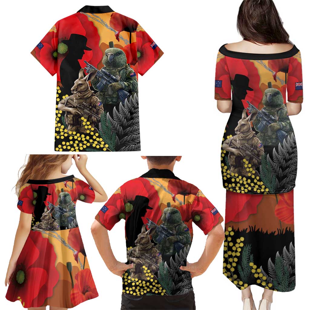 New Zealand and Australia ANZAC Day Family Matching Puletasi and Hawaiian Shirt Sliver Fern Kakapo With Golden Wattle Kangaroo LT14 - Polynesian Pride