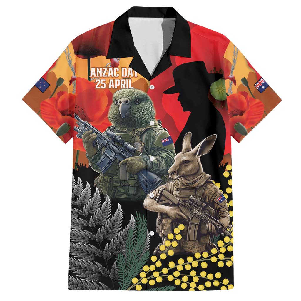 New Zealand and Australia ANZAC Day Family Matching Puletasi and Hawaiian Shirt Sliver Fern Kakapo With Golden Wattle Kangaroo LT14 Dad's Shirt - Short Sleeve Gold - Polynesian Pride
