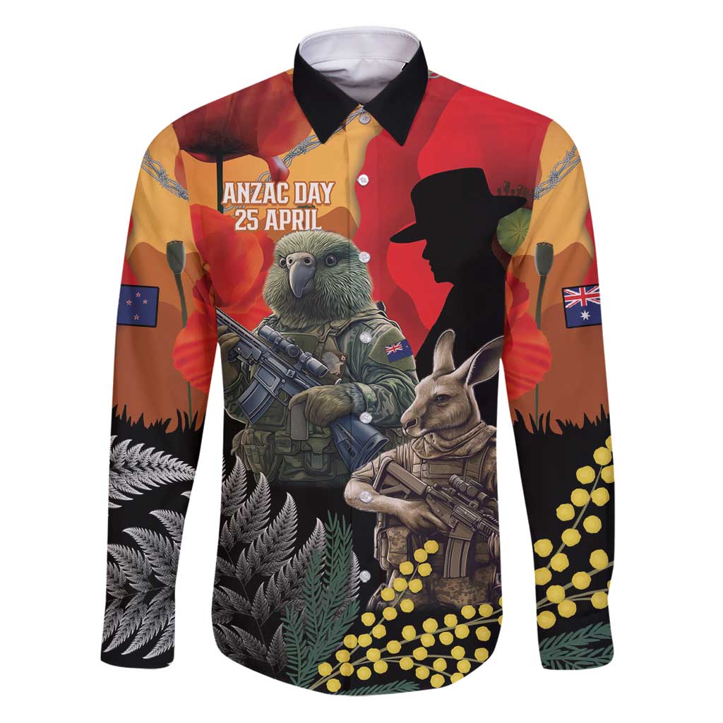 New Zealand and Australia ANZAC Day Family Matching Puletasi and Hawaiian Shirt Sliver Fern Kakapo With Golden Wattle Kangaroo LT14 Dad's Shirt - Long Sleeve Gold - Polynesian Pride
