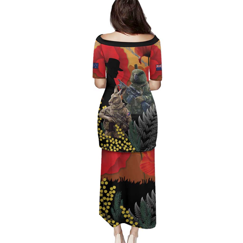 New Zealand and Australia ANZAC Day Family Matching Puletasi and Hawaiian Shirt Sliver Fern Kakapo With Golden Wattle Kangaroo LT14 - Polynesian Pride
