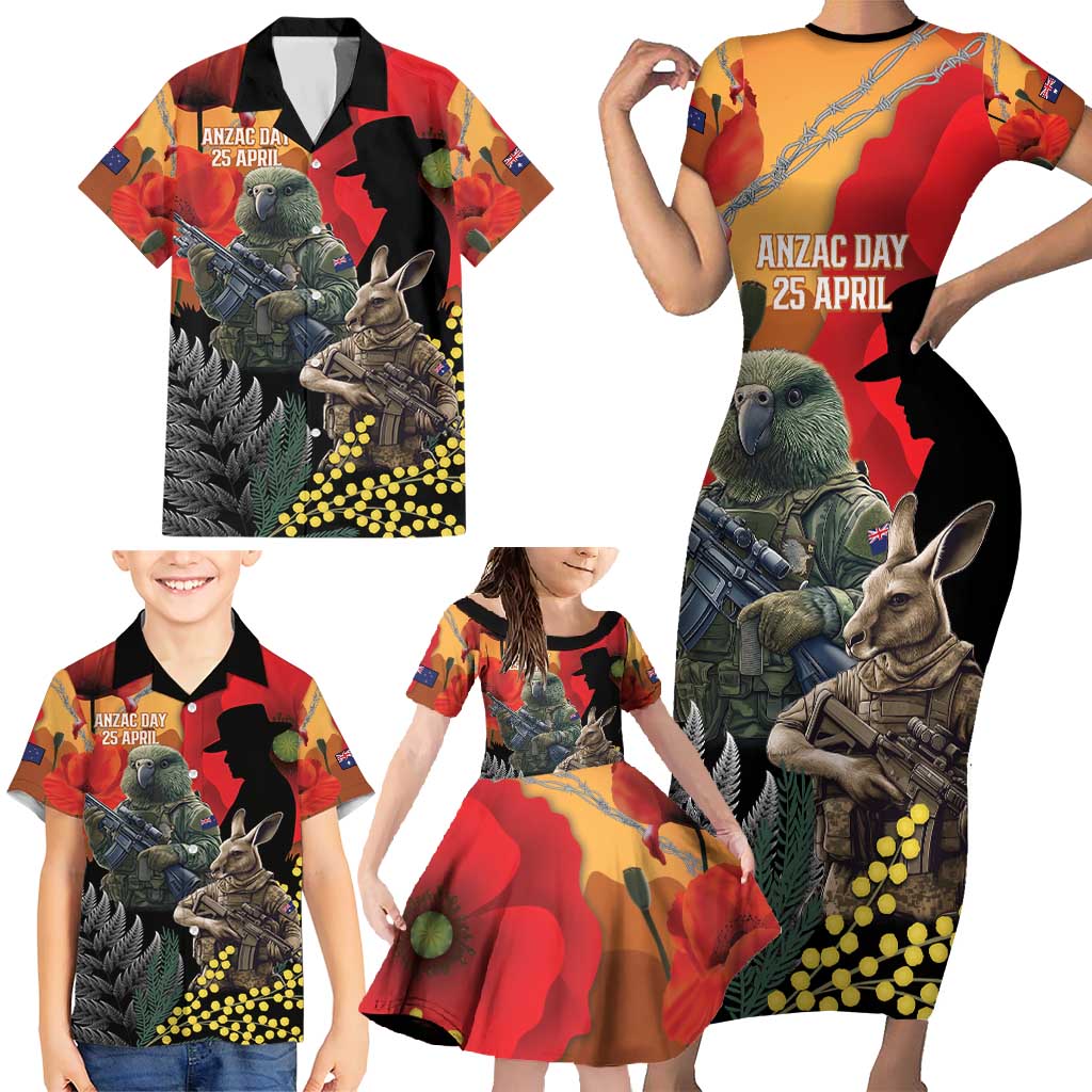 New Zealand and Australia ANZAC Day Family Matching Short Sleeve Bodycon Dress and Hawaiian Shirt Sliver Fern Kakapo With Golden Wattle Kangaroo LT14 - Polynesian Pride
