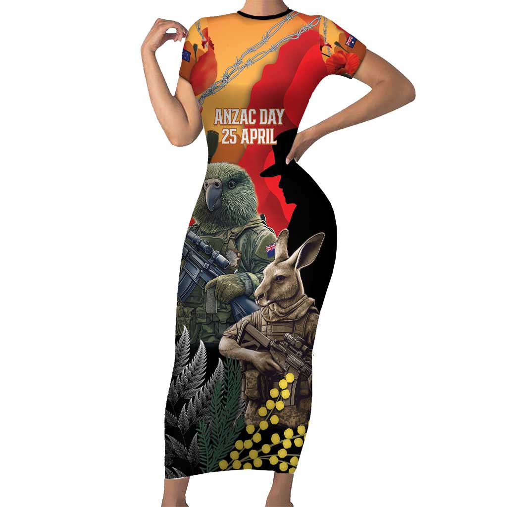 New Zealand and Australia ANZAC Day Family Matching Short Sleeve Bodycon Dress and Hawaiian Shirt Sliver Fern Kakapo With Golden Wattle Kangaroo LT14 Mom's Dress Gold - Polynesian Pride