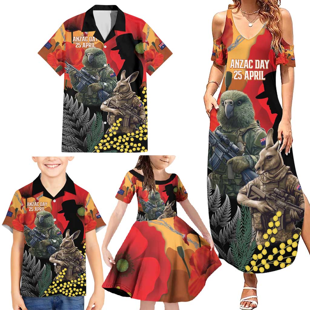 New Zealand and Australia ANZAC Day Family Matching Summer Maxi Dress and Hawaiian Shirt Sliver Fern Kakapo With Golden Wattle Kangaroo LT14 - Polynesian Pride
