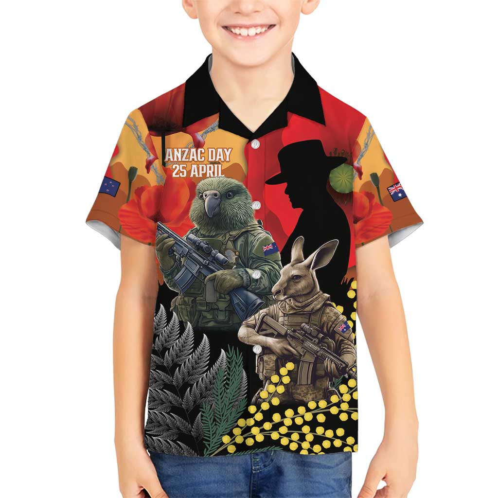 New Zealand and Australia ANZAC Day Family Matching Summer Maxi Dress and Hawaiian Shirt Sliver Fern Kakapo With Golden Wattle Kangaroo LT14 Son's Shirt Gold - Polynesian Pride