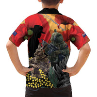 New Zealand and Australia ANZAC Day Family Matching Tank Maxi Dress and Hawaiian Shirt Sliver Fern Kakapo With Golden Wattle Kangaroo LT14 - Polynesian Pride