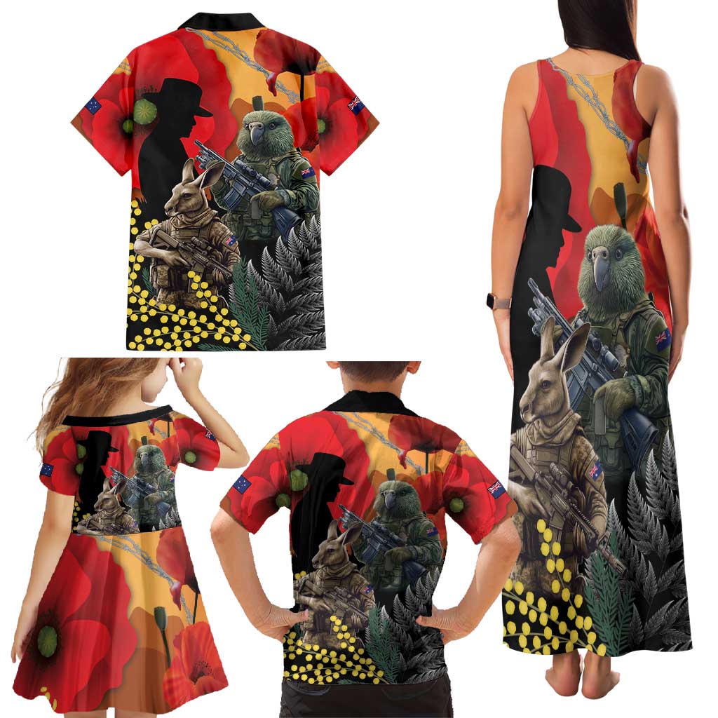 New Zealand and Australia ANZAC Day Family Matching Tank Maxi Dress and Hawaiian Shirt Sliver Fern Kakapo With Golden Wattle Kangaroo LT14 - Polynesian Pride