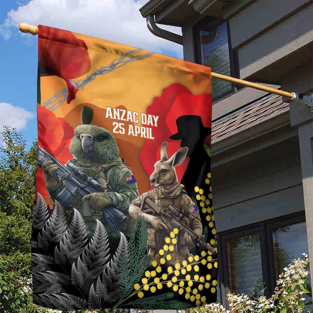 New Zealand and Australia ANZAC Day Garden Flag Sliver Fern Kakapo With Golden Wattle Kangaroo LT14 - Polynesian Pride