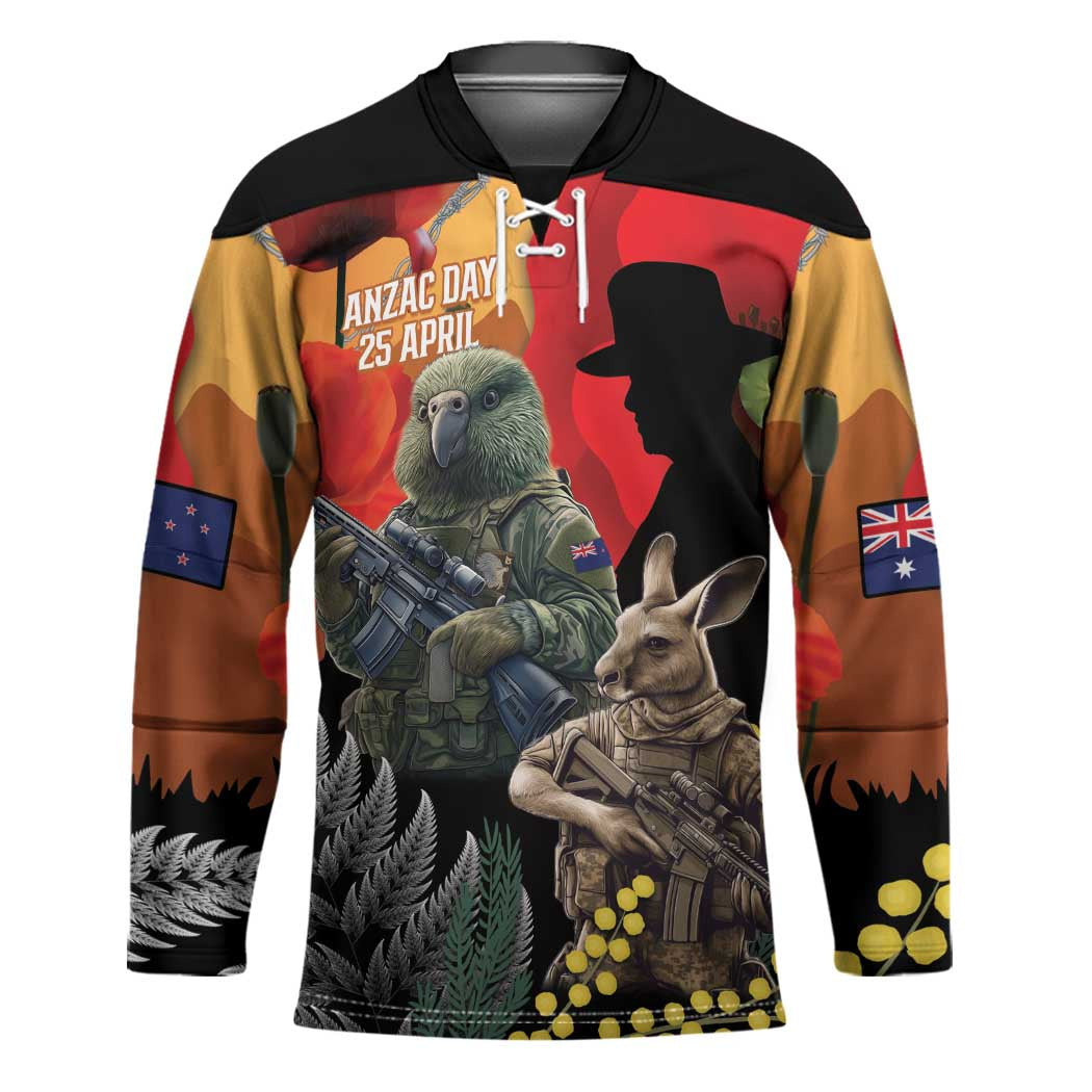 New Zealand and Australia ANZAC Day Hockey Jersey Sliver Fern Kakapo With Golden Wattle Kangaroo - Polynesian Pride