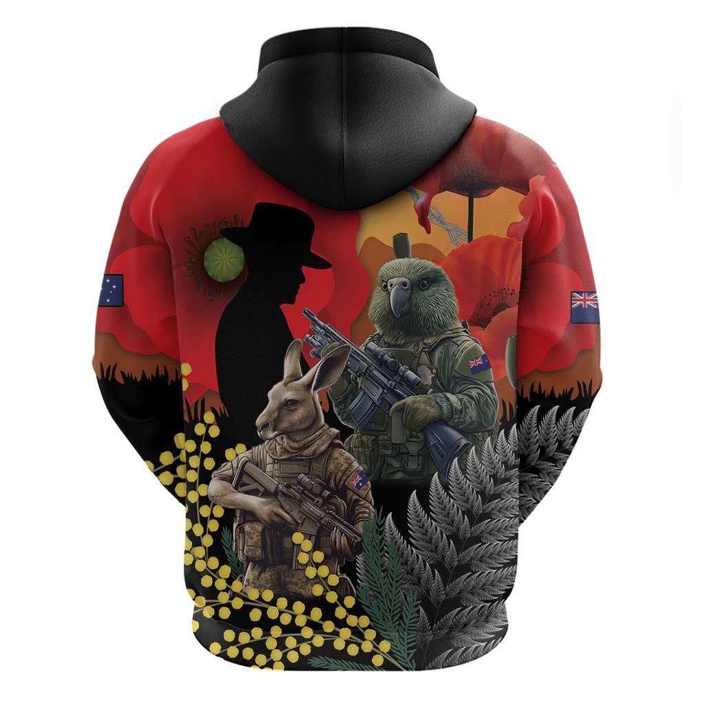 New Zealand and Australia ANZAC Day Hoodie Sliver Fern Kakapo With Golden Wattle Kangaroo LT14 - Polynesian Pride