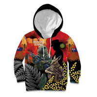 New Zealand and Australia ANZAC Day Kid Hoodie Sliver Fern Kakapo With Golden Wattle Kangaroo LT14 Hoodie Gold - Polynesian Pride