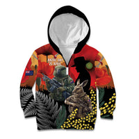 New Zealand and Australia ANZAC Day Kid Hoodie Sliver Fern Kakapo With Golden Wattle Kangaroo LT14 Zip Hoodie Gold - Polynesian Pride