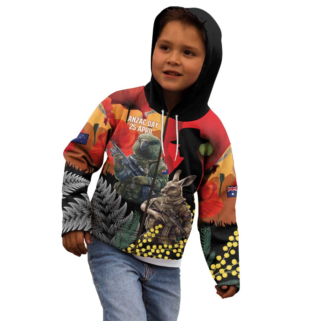 New Zealand and Australia ANZAC Day Kid Hoodie Sliver Fern Kakapo With Golden Wattle Kangaroo LT14 - Polynesian Pride