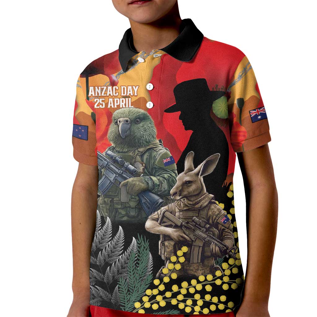 New Zealand and Australia ANZAC Day Kid Polo Shirt Sliver Fern Kakapo With Golden Wattle Kangaroo LT14 Kid Gold - Polynesian Pride