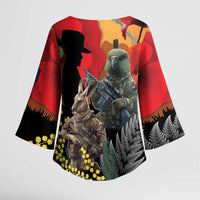 New Zealand and Australia ANZAC Day Kimono Sleeve Blouse Sliver Fern Kakapo With Golden Wattle Kangaroo LT14 - Polynesian Pride