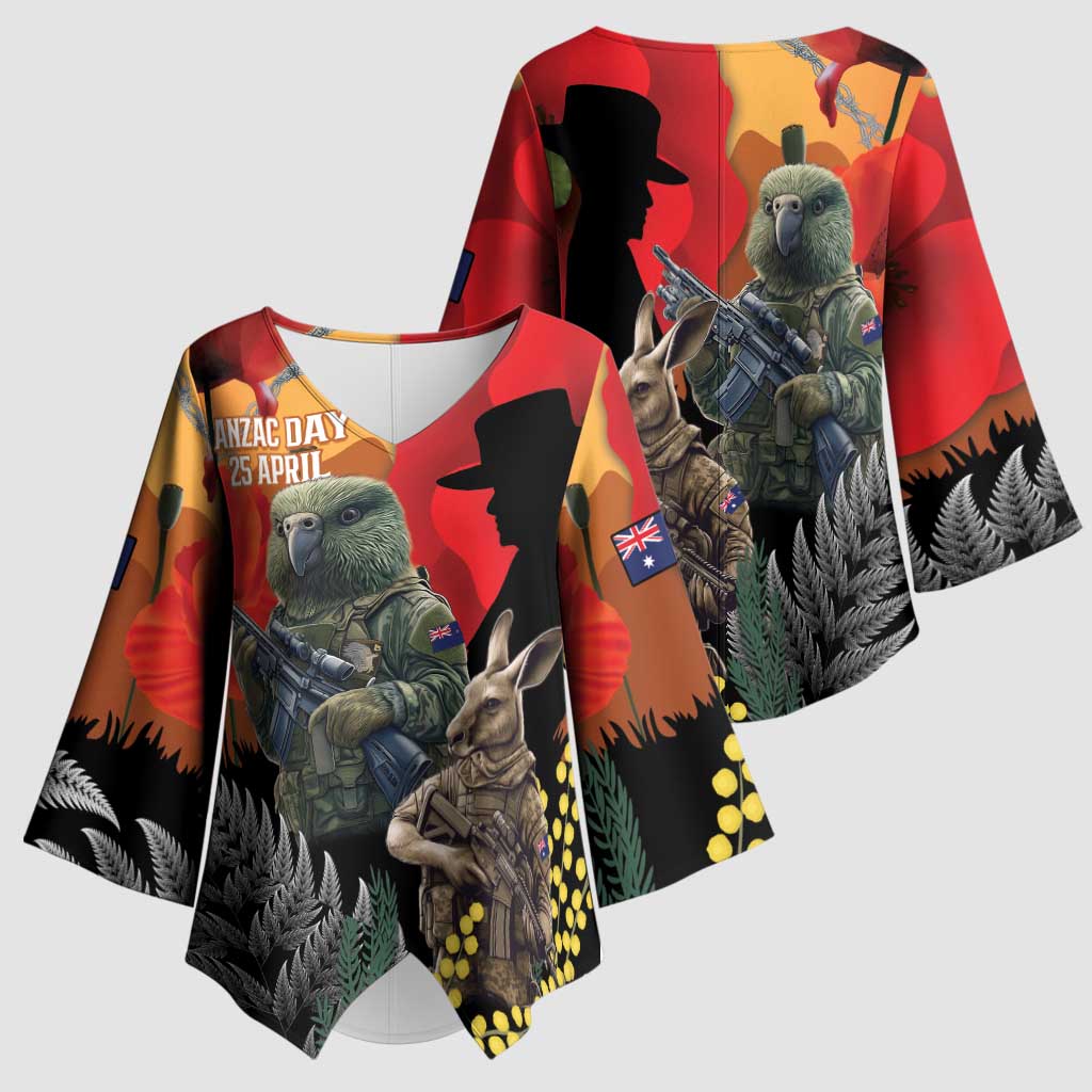 New Zealand and Australia ANZAC Day Kimono Sleeve Blouse Sliver Fern Kakapo With Golden Wattle Kangaroo LT14 - Polynesian Pride