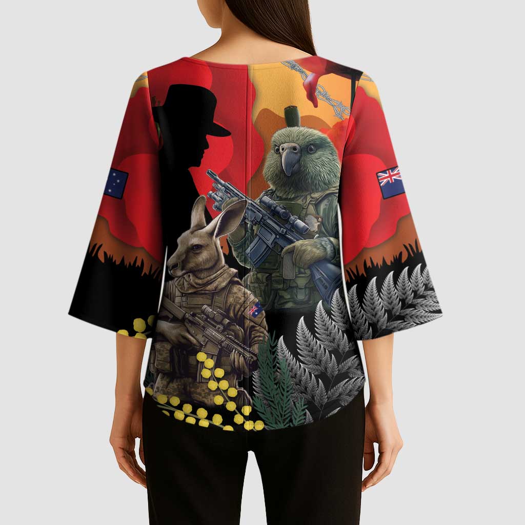 New Zealand and Australia ANZAC Day Kimono Sleeve Blouse Sliver Fern Kakapo With Golden Wattle Kangaroo LT14 - Polynesian Pride