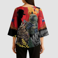 New Zealand and Australia ANZAC Day Kimono Sleeve Blouse Sliver Fern Kakapo With Golden Wattle Kangaroo LT14 - Polynesian Pride