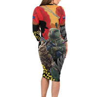 New Zealand and Australia ANZAC Day Long Sleeve Bodycon Dress Sliver Fern Kakapo With Golden Wattle Kangaroo LT14 - Polynesian Pride