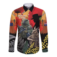 New Zealand and Australia ANZAC Day Long Sleeve Button Shirt Sliver Fern Kakapo With Golden Wattle Kangaroo LT14 Unisex Gold - Polynesian Pride