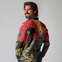 New Zealand and Australia ANZAC Day Long Sleeve Polo Shirt Sliver Fern Kakapo With Golden Wattle Kangaroo LT14 - Polynesian Pride