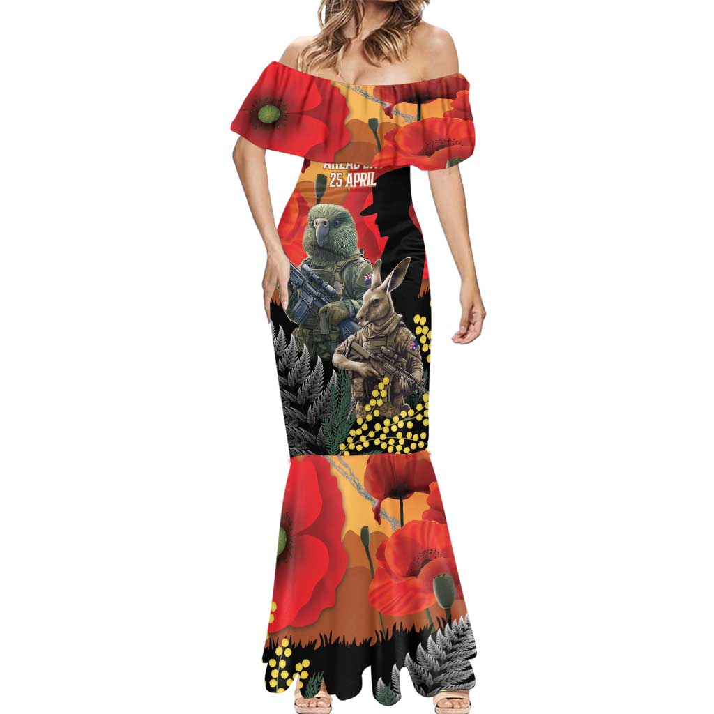 New Zealand and Australia ANZAC Day Mermaid Dress Sliver Fern Kakapo With Golden Wattle Kangaroo LT14 - Polynesian Pride