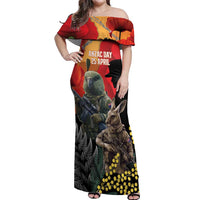 New Zealand and Australia ANZAC Day Off Shoulder Maxi Dress Sliver Fern Kakapo With Golden Wattle Kangaroo LT14 Women Gold - Polynesian Pride