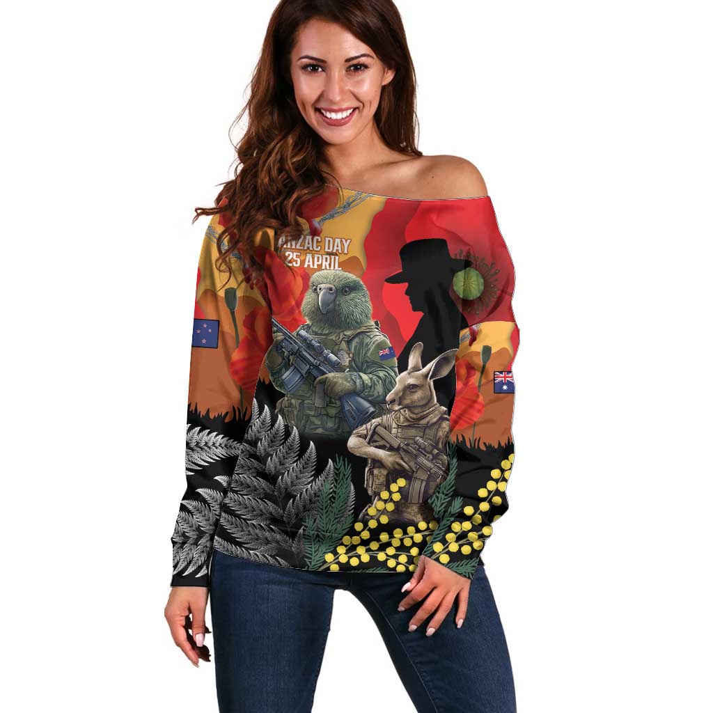 New Zealand and Australia ANZAC Day Off Shoulder Sweater Sliver Fern Kakapo With Golden Wattle Kangaroo LT14 Women Gold - Polynesian Pride
