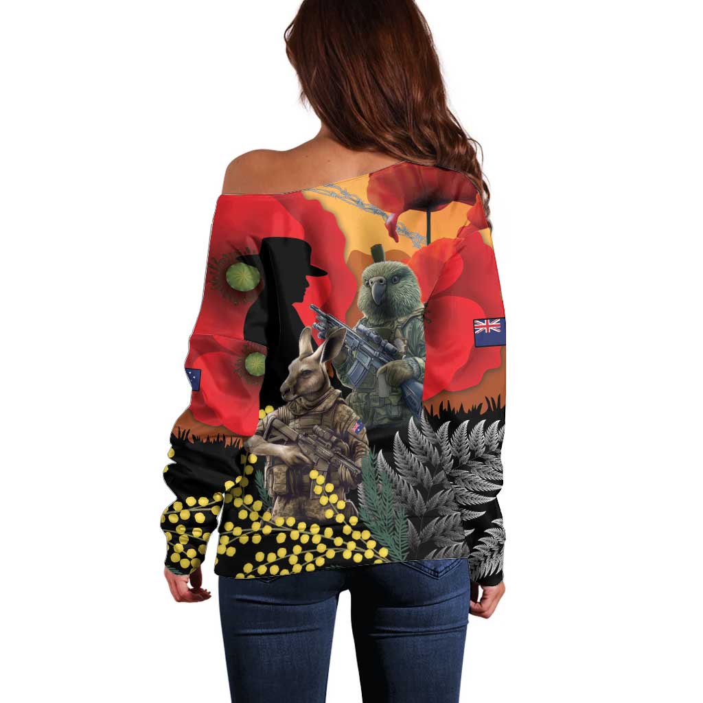 New Zealand and Australia ANZAC Day Off Shoulder Sweater Sliver Fern Kakapo With Golden Wattle Kangaroo LT14 - Polynesian Pride
