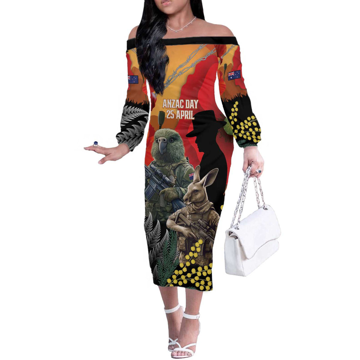 New Zealand and Australia ANZAC Day Off The Shoulder Long Sleeve Dress Sliver Fern Kakapo With Golden Wattle Kangaroo LT14 Women Gold - Polynesian Pride