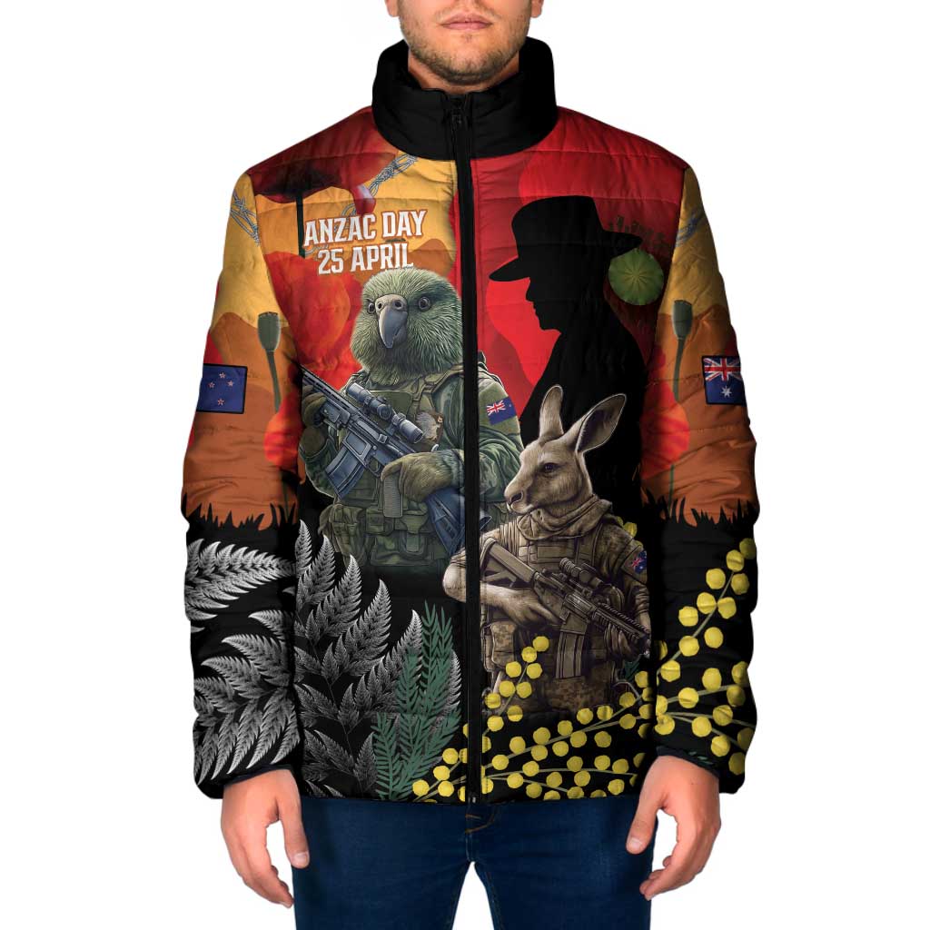 New Zealand and Australia ANZAC Day Padded Jacket Sliver Fern Kakapo With Golden Wattle Kangaroo LT14 Men Gold - Polynesian Pride