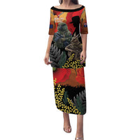 New Zealand and Australia ANZAC Day Puletasi Sliver Fern Kakapo With Golden Wattle Kangaroo LT14 Long Dress Gold - Polynesian Pride
