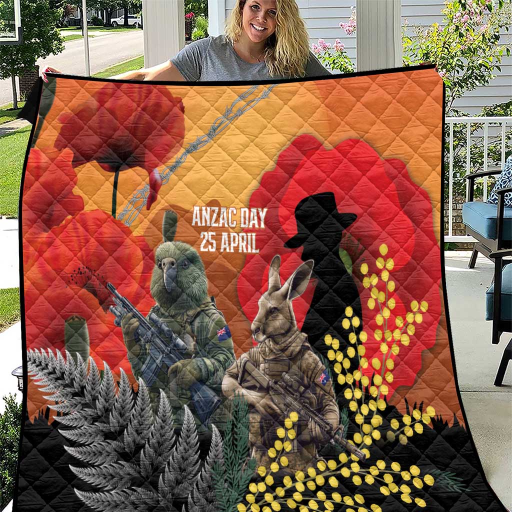 New Zealand and Australia ANZAC Day Quilt Sliver Fern Kakapo With Golden Wattle Kangaroo LT14 Gold - Polynesian Pride