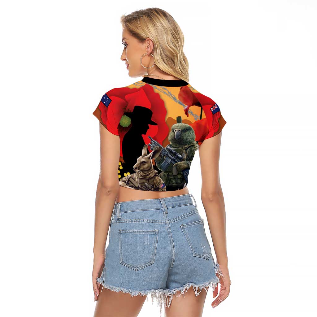 New Zealand and Australia ANZAC Day Raglan Cropped T Shirt Sliver Fern Kakapo With Golden Wattle Kangaroo LT14 - Polynesian Pride