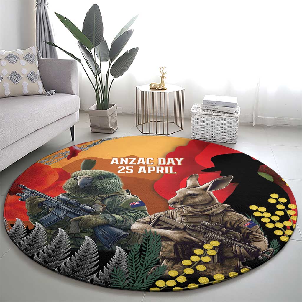 New Zealand and Australia ANZAC Day Round Carpet Sliver Fern Kakapo With Golden Wattle Kangaroo LT14 - Polynesian Pride