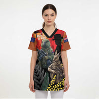 New Zealand and Australia ANZAC Day Scrub Top Sliver Fern Kakapo With Golden Wattle Kangaroo LT14 - Polynesian Pride