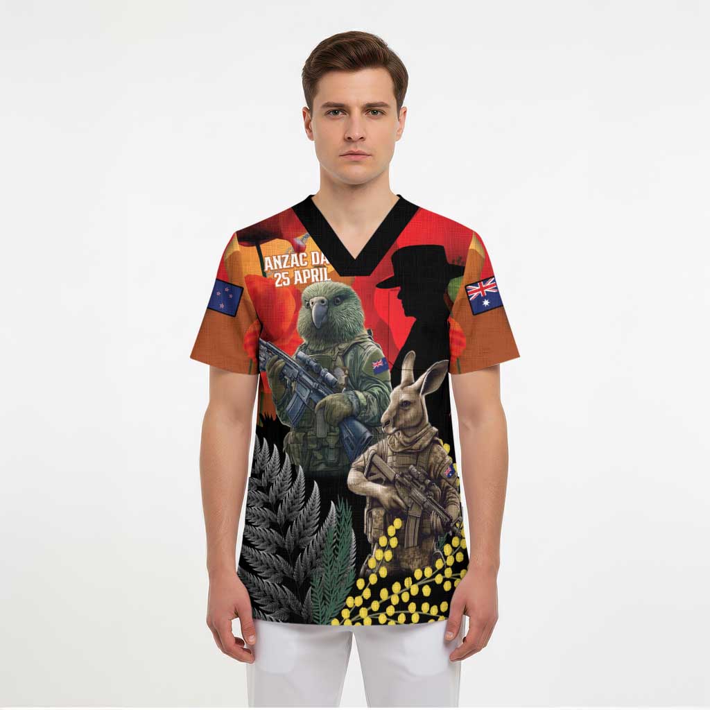 New Zealand and Australia ANZAC Day Scrub Top Sliver Fern Kakapo With Golden Wattle Kangaroo LT14 - Polynesian Pride